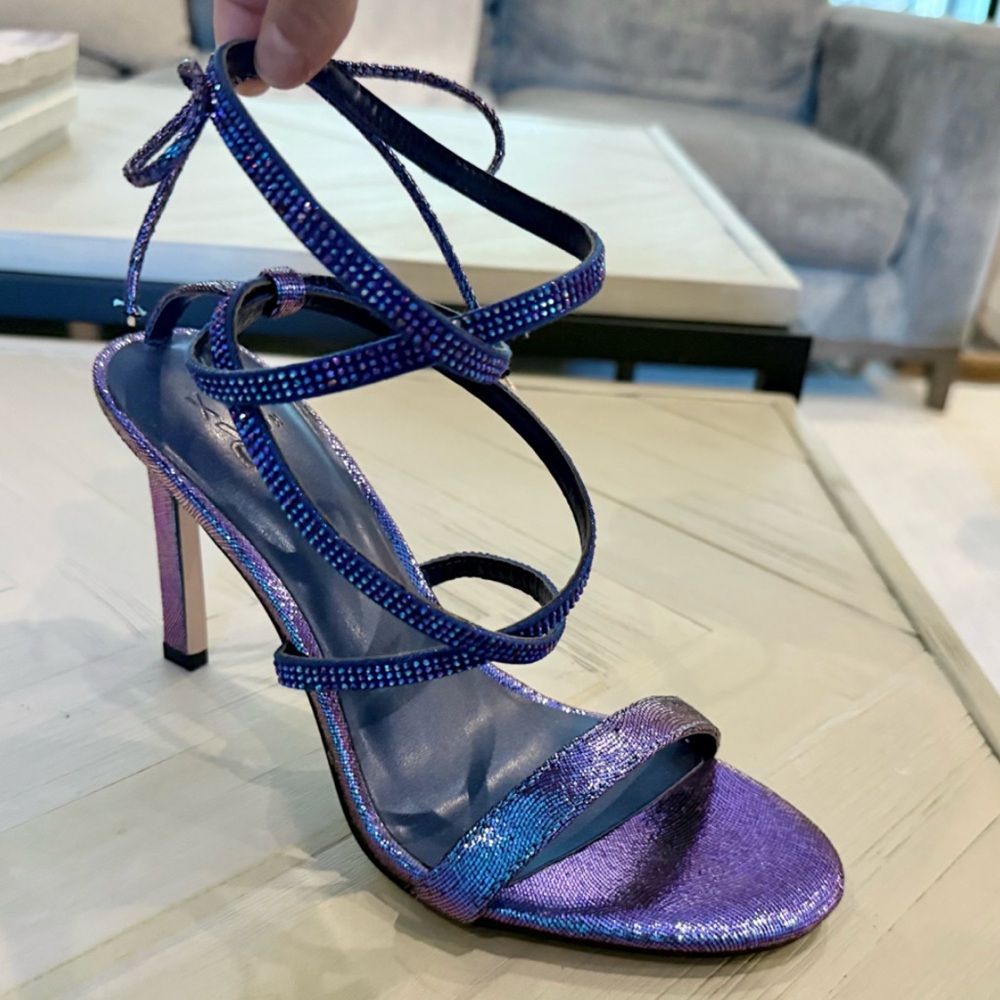 NWT Mix No. 6 Blue and Purple Iridescent, Rhinestone Strappy Heels. Size 9.5